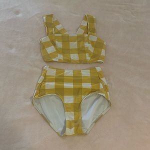 Downeast Basics high waisted retro and modest yellow plaid swimsuit